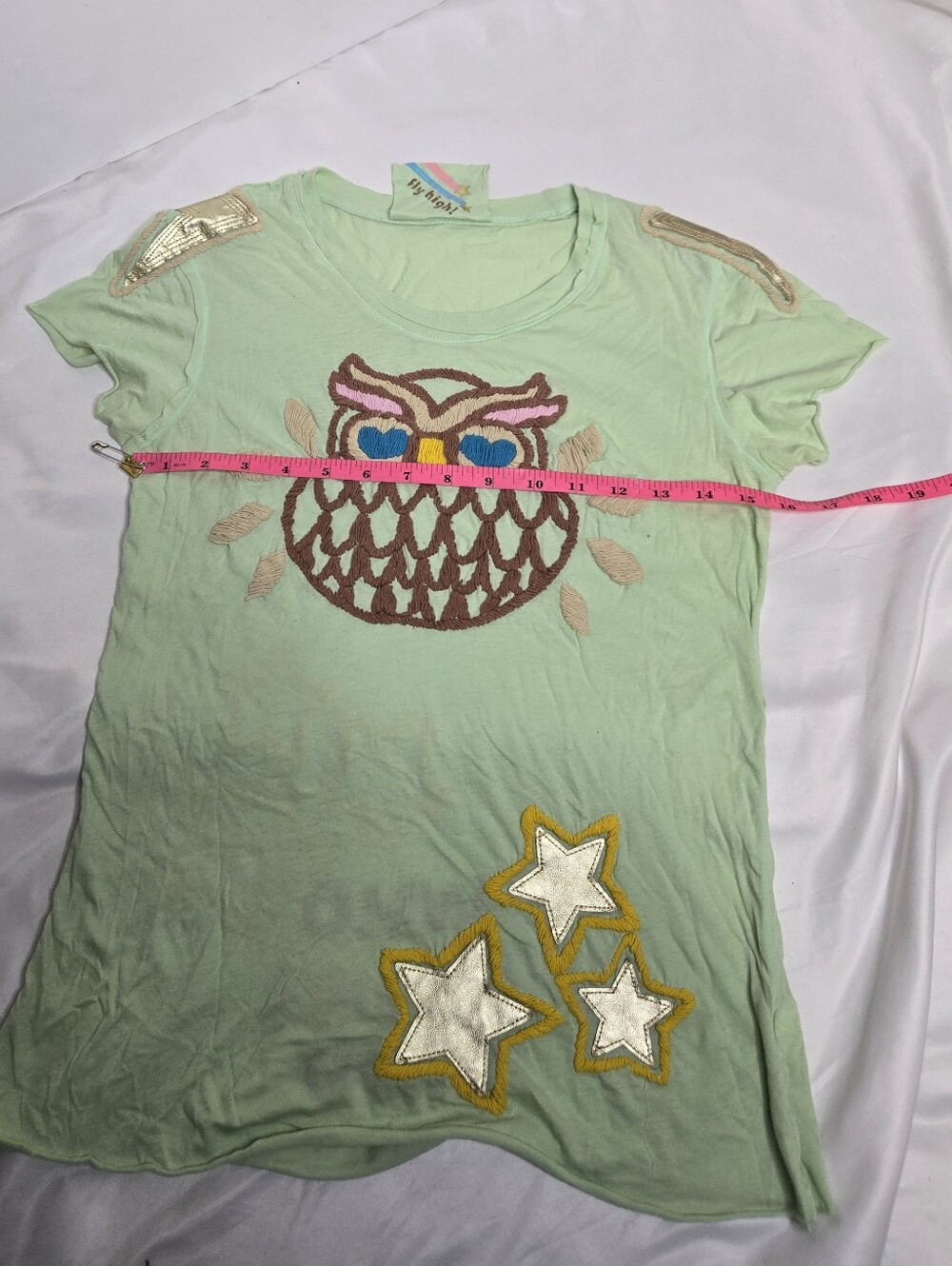 Y2K Joystick Johnny Was mint embroidered owl Who Loves You tee shirt M - Picture 9 of 10